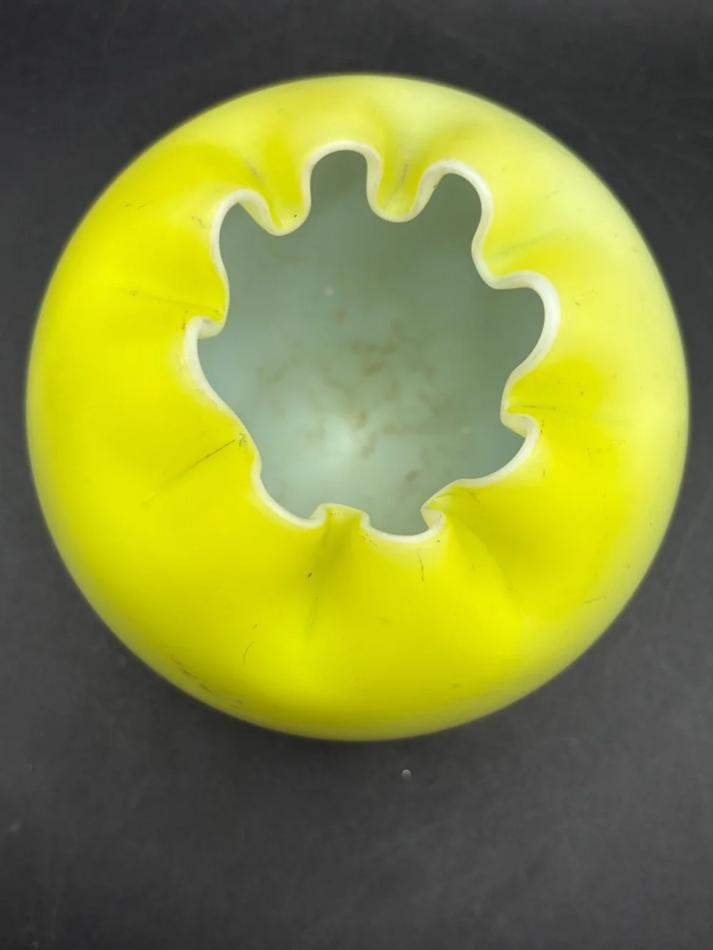 Vintage Yellow Cased Satin Glass Rose Bowl Vase Crimped Edge Tabletop Vessel - Picture 3 of 8